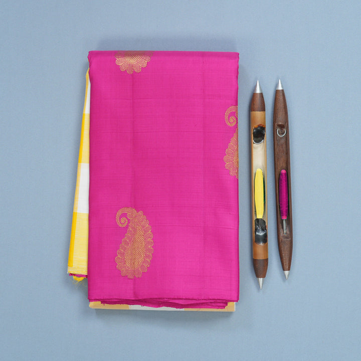 Hayagrivas Handloom Yellow &amp; White Checks Kanjivaram Silk Saree with Pink Border KBF573G2-3