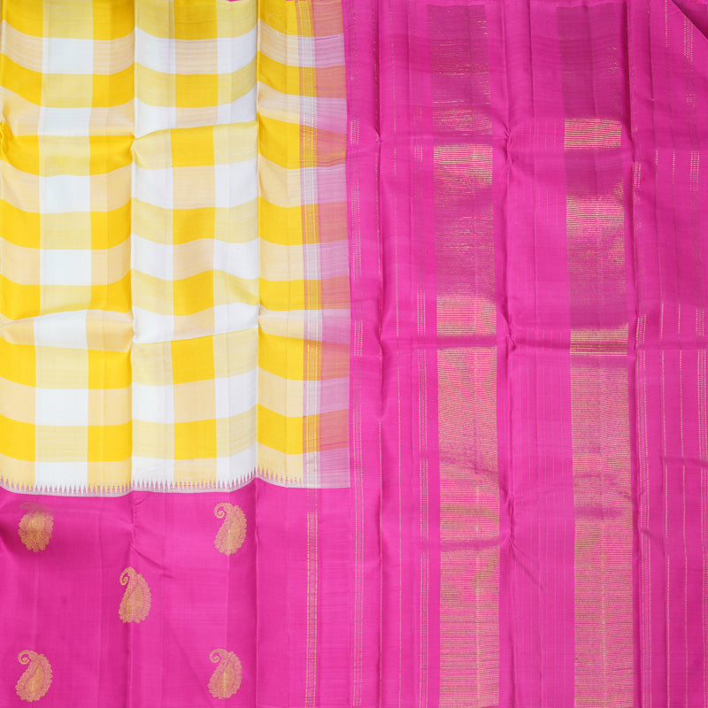 Hayagrivas Handloom Yellow &amp; White Checks Kanjivaram Silk Saree with Pink Border KBF573G2-3
