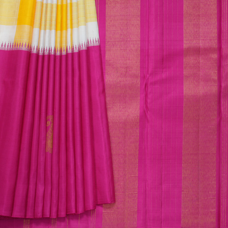 Hayagrivas Handloom Yellow &amp; White Checks Kanjivaram Silk Saree with Pink Border KBF573G2-3