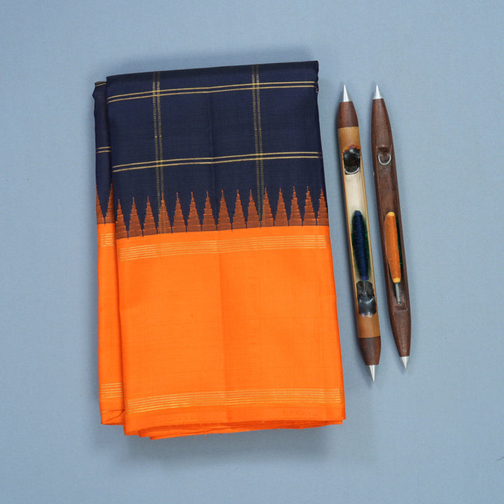 Hayagrivas Handloom Navy Blue Kanjivaram Silk Saree with Orange Border KBF573G4-1