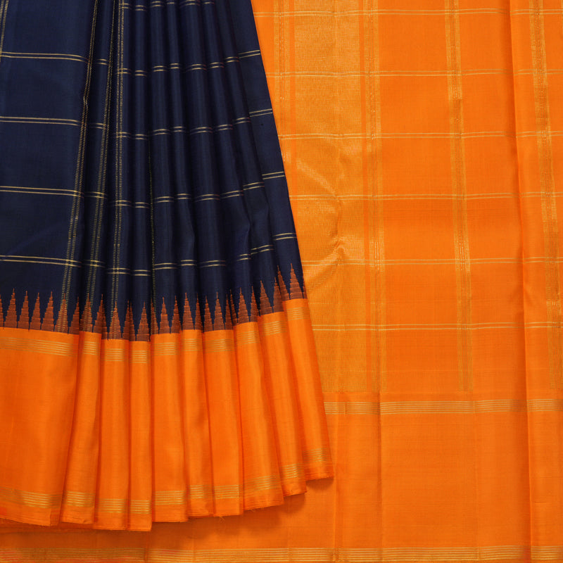 Hayagrivas Handloom Navy Blue Kanjivaram Silk Saree with Orange Border KBF573G4-1