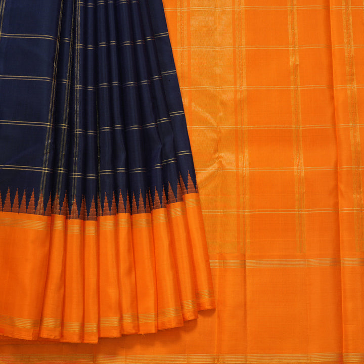 Hayagrivas Handloom Navy Blue Kanjivaram Silk Saree with Orange Border KBF573G4-1