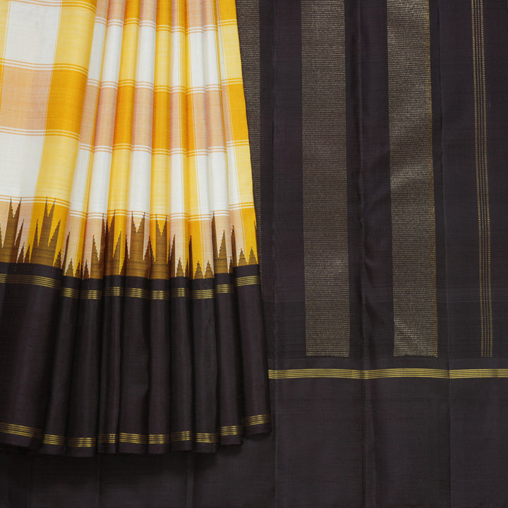 Hayagrivas Handloom Yellow &amp; Half-White Checks Kanjivaram Silk Saree KBF573G4-2