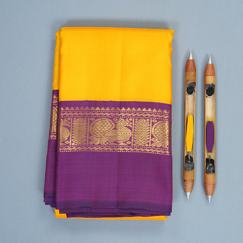 Hayagrivas Handloom Mango Yellow Kanjivaram Silk Saree with Purple Border KBF573G5-2