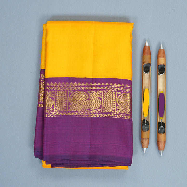 Hayagrivas Handloom Mango Yellow Kanjivaram Silk Saree with Purple Border KBF573G5-2