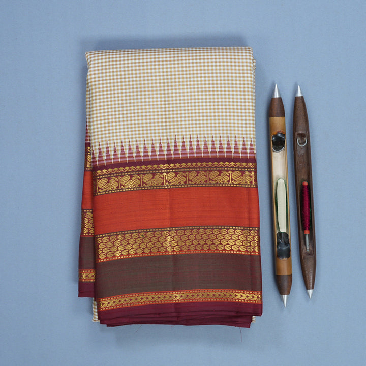 Hayagrivas Handloom Cream &amp; White Checks Kanjivaram Silk Saree KBF573G7-1