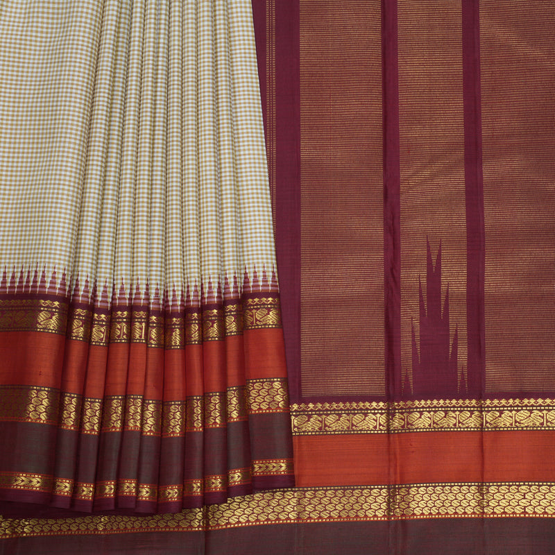 Hayagrivas Handloom Cream &amp; White Checks Kanjivaram Silk Saree KBF573G7-1