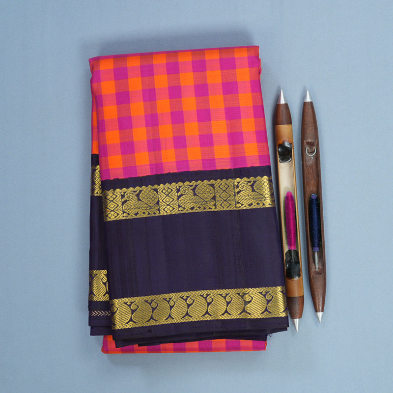 Hayagrivas Handloom Pink &amp; Orange Checks Kanjivaram Silk Saree with Dark Blue Border KBF573G8-1