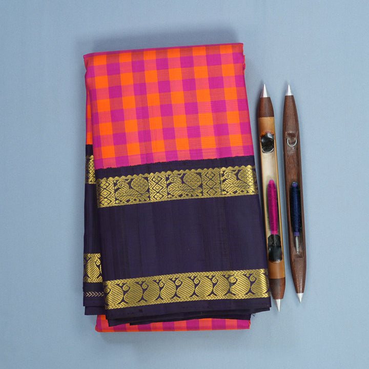 Hayagrivas Handloom Pink &amp; Orange Checks Kanjivaram Silk Saree with Dark Blue Border KBF573G8-1