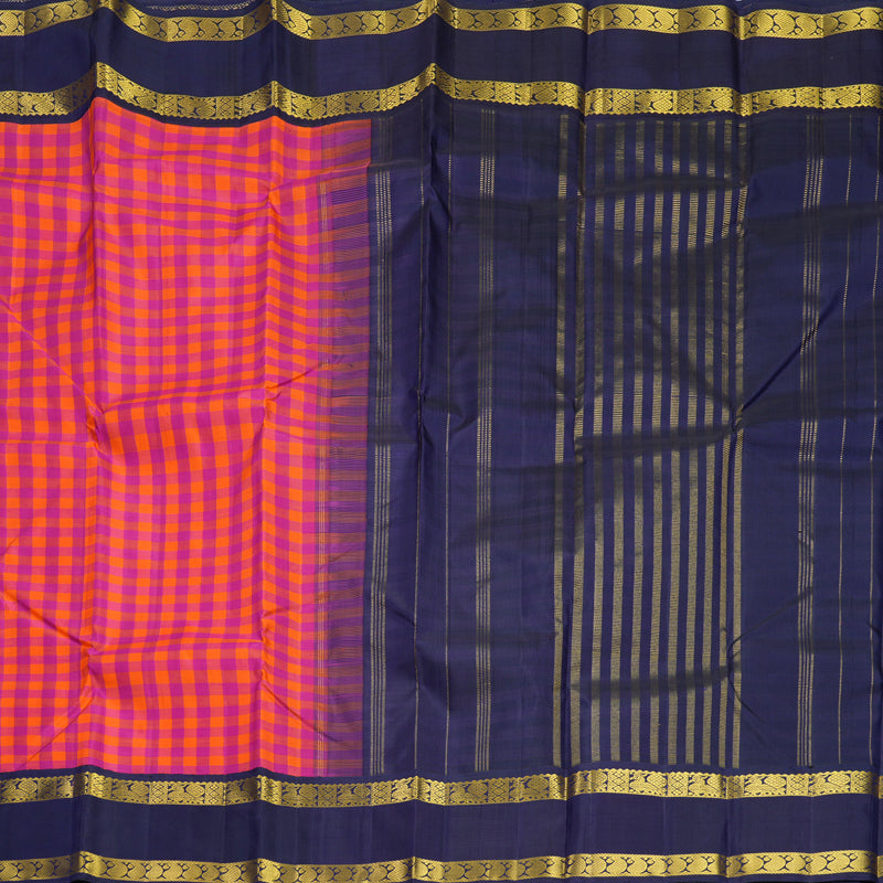 Hayagrivas Handloom Pink &amp; Orange Checks Kanjivaram Silk Saree with Dark Blue Border KBF573G8-1