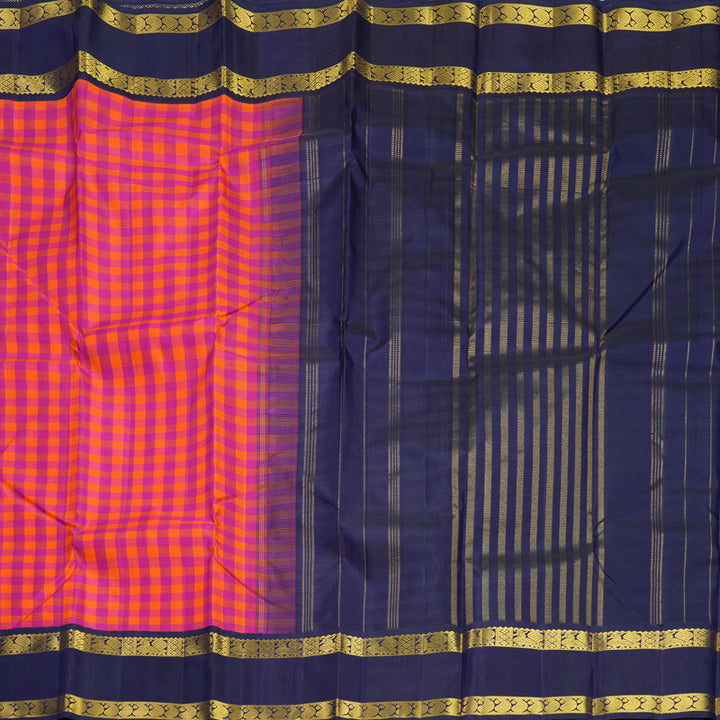 Hayagrivas Handloom Pink &amp; Orange Checks Kanjivaram Silk Saree with Dark Blue Border KBF573G8-1