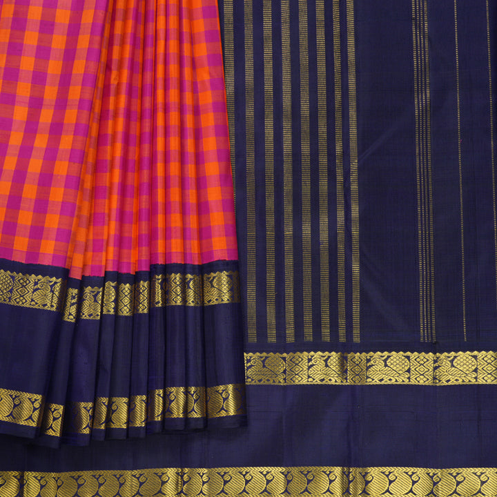 Hayagrivas Handloom Pink &amp; Orange Checks Kanjivaram Silk Saree with Dark Blue Border KBF573G8-1