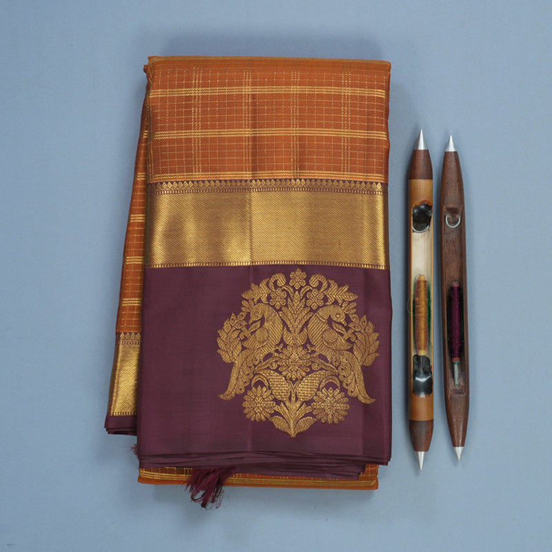 Hayagrivas Handloom Rust Orange Kanjivaram Silk Saree with Burgundy Border KBF578G5-1