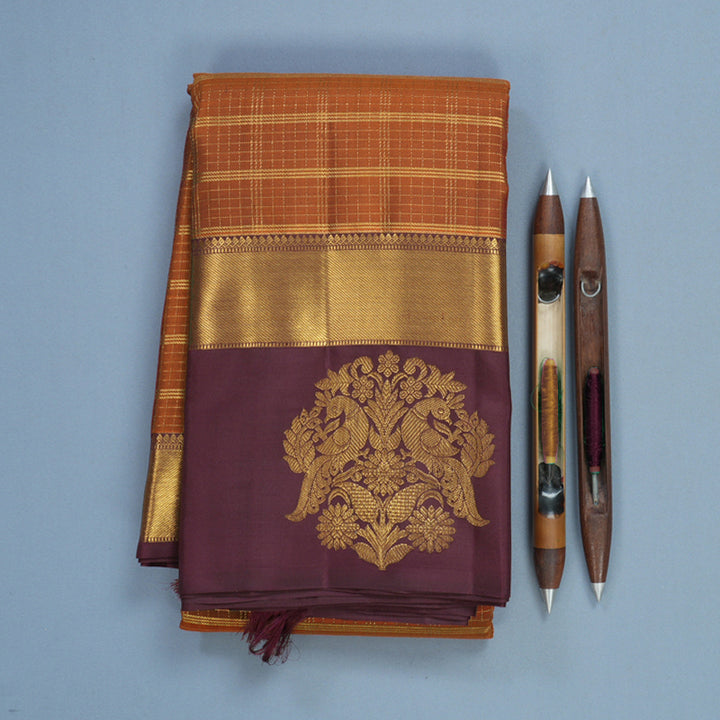 Hayagrivas Handloom Rust Orange Kanjivaram Silk Saree with Burgundy Border KBF578G5-1
