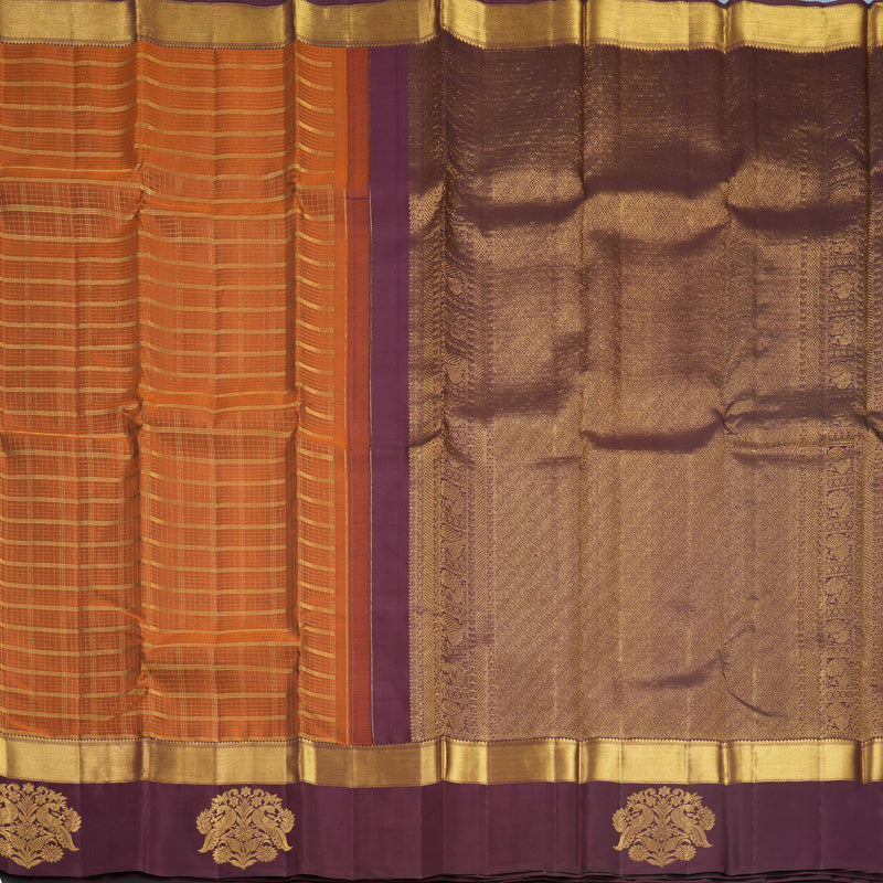 Hayagrivas Handloom Rust Orange Kanjivaram Silk Saree with Burgundy Border KBF578G5-1