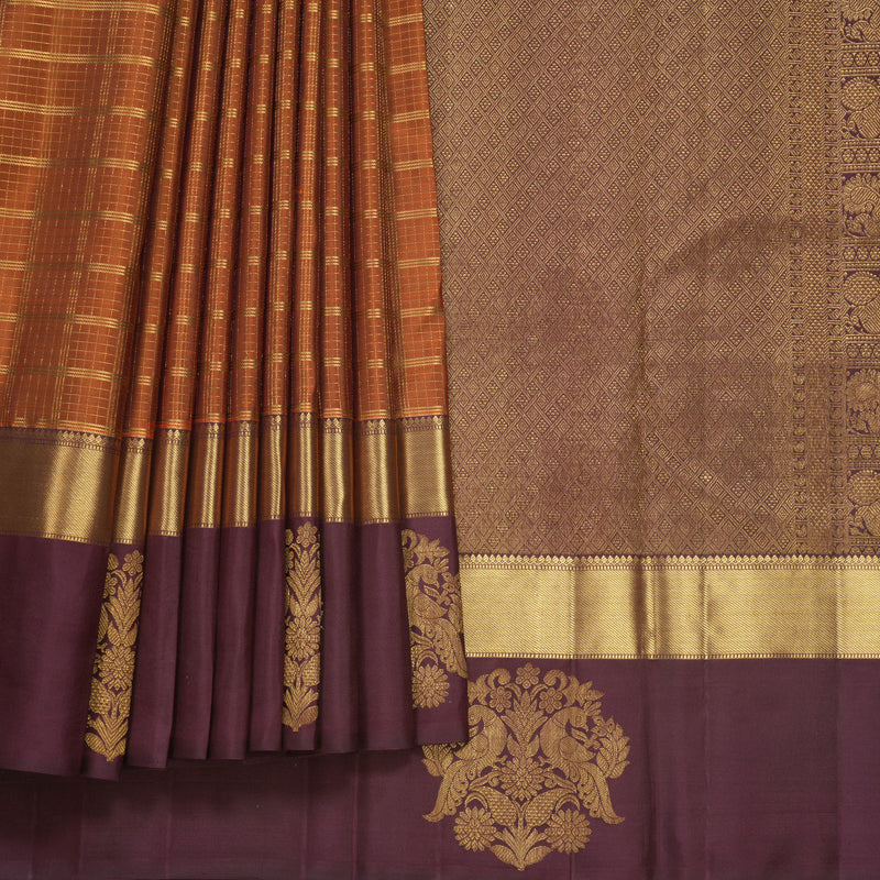 Hayagrivas Handloom Rust Orange Kanjivaram Silk Saree with Burgundy Border KBF578G5-1