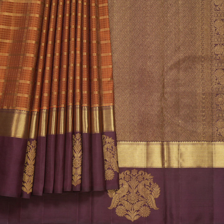Hayagrivas Handloom Rust Orange Kanjivaram Silk Saree with Burgundy Border KBF578G5-1
