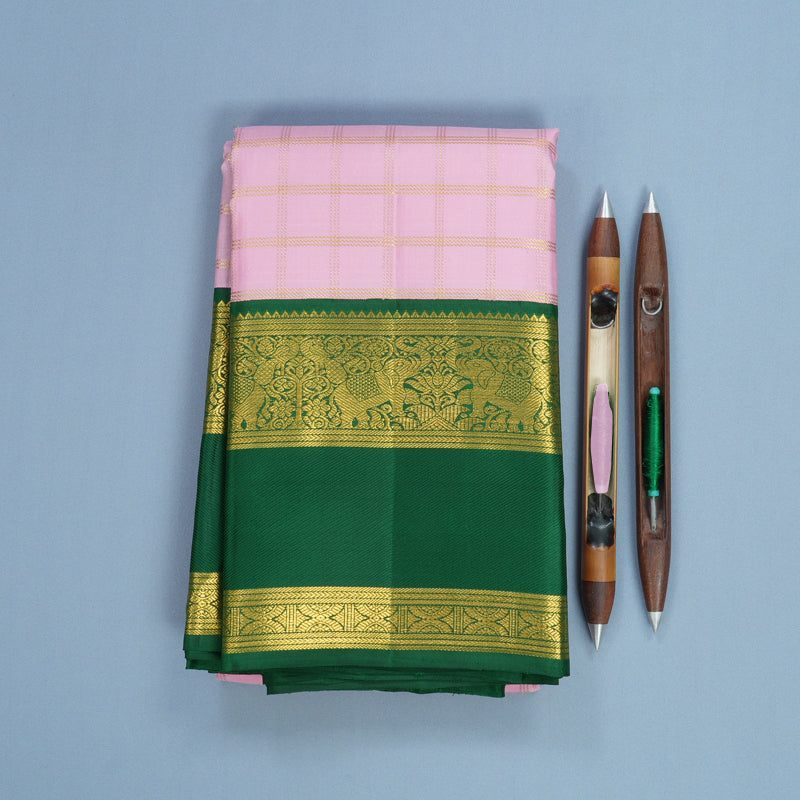 Hayagrivas Handloom Rose Pink Kanjivaram Silk Saree with Bottle Green Border KBF578G8-1
