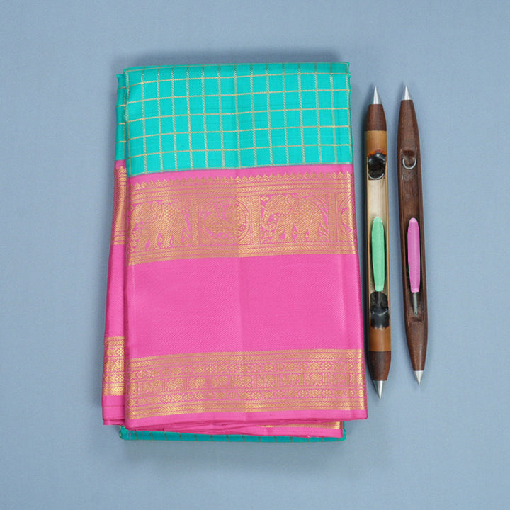 Hayagrivas Handloom Bright Teal Kanjivaram Silk Saree with Pink Border KBF578G8-3