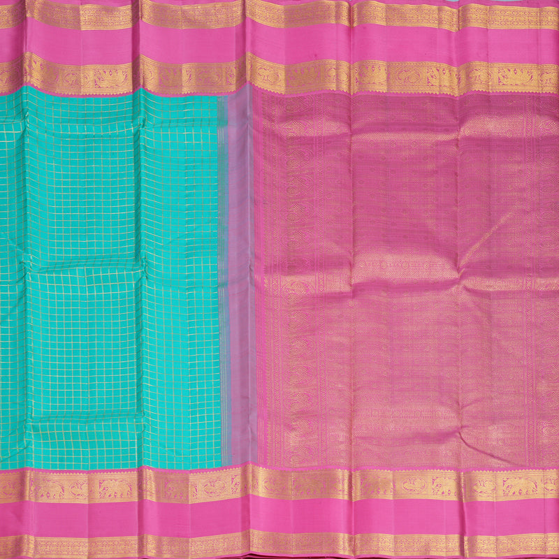 Hayagrivas Handloom Bright Teal Kanjivaram Silk Saree with Pink Border KBF578G8-3