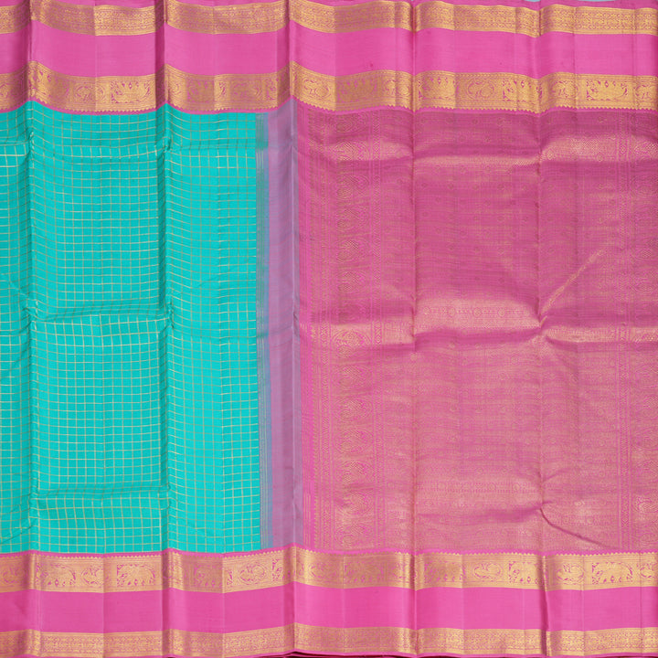 Hayagrivas Handloom Bright Teal Kanjivaram Silk Saree with Pink Border KBF578G8-3