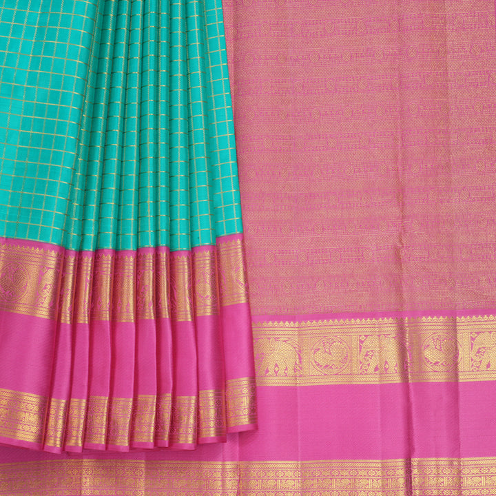 Hayagrivas Handloom Bright Teal Kanjivaram Silk Saree with Pink Border KBF578G8-3