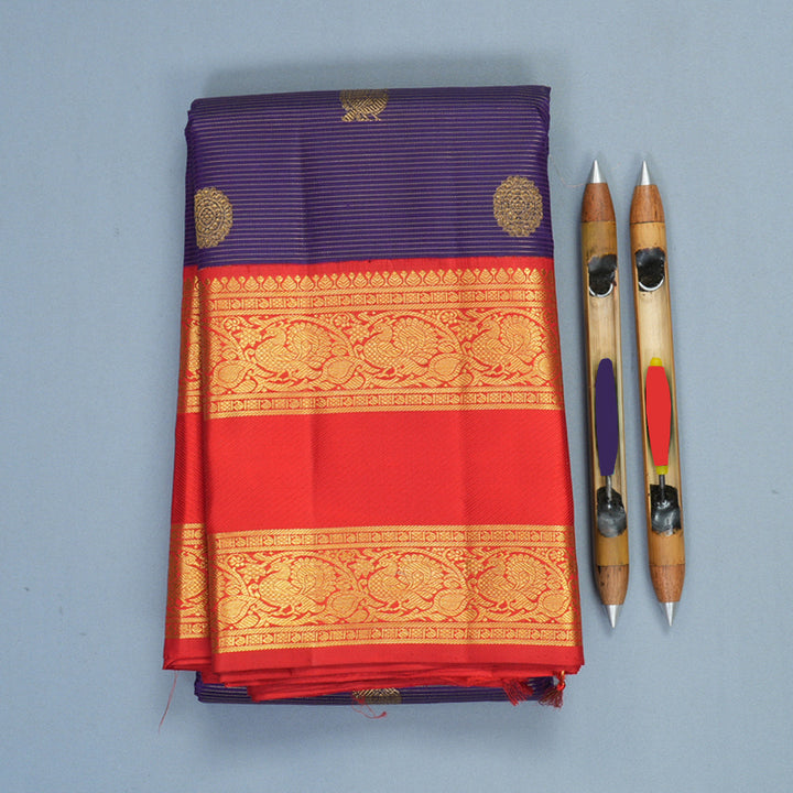 Hayagrivas Handloom Purplish-Blue Kanjivaram Silk Saree with Red Border KBF578G9-1