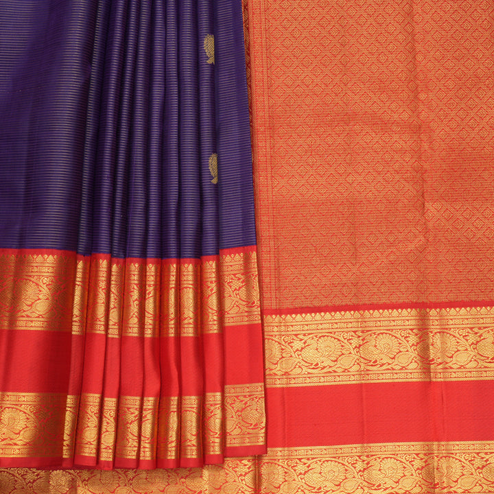 Hayagrivas Handloom Purplish-Blue Kanjivaram Silk Saree with Red Border KBF578G9-1