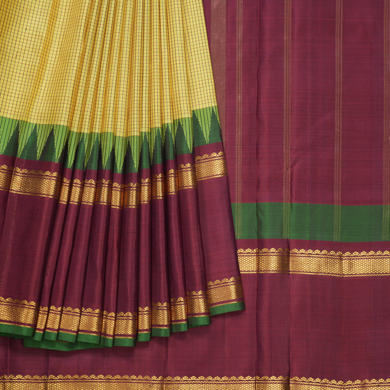 Hayagrivas Handloom Lemon Yellow Kanjivaram Silk Saree with Maroon Border KBF581G12-1