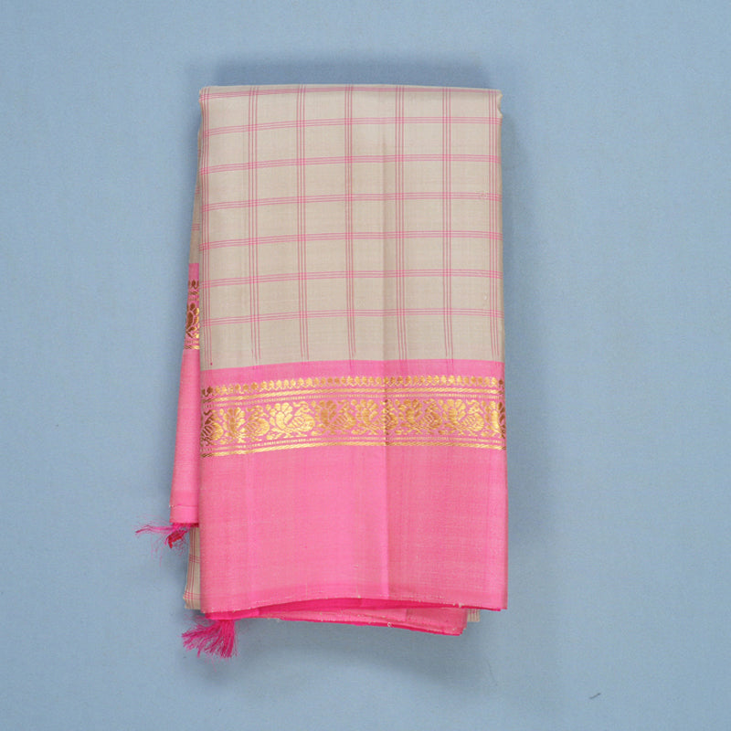 Hayagrivas Handloom Cream Kanjivaram Silk Saree with Rose Pink Border KBF581G8-9