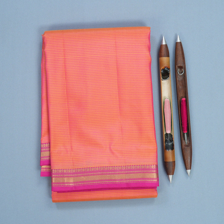Hayagrivas Handloom Orangish-Pink Kanjivaram Silk Saree with Rani Pink Border KBF582G1-15