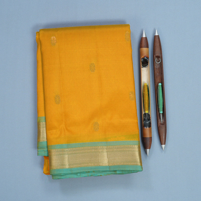 Hayagrivas Handloom Mustard Yellow Kanjivaram Silk Saree with Mild Teal Border KBF582G2-5
