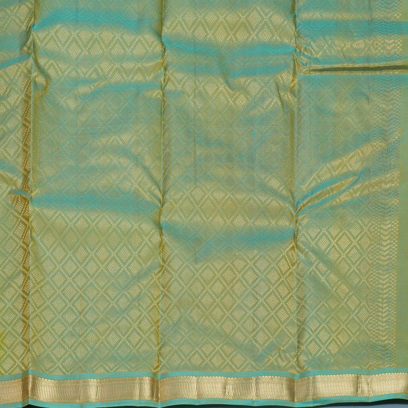Hayagrivas Handloom Mustard Yellow Kanjivaram Silk Saree with Mild Teal Border KBF582G2-5
