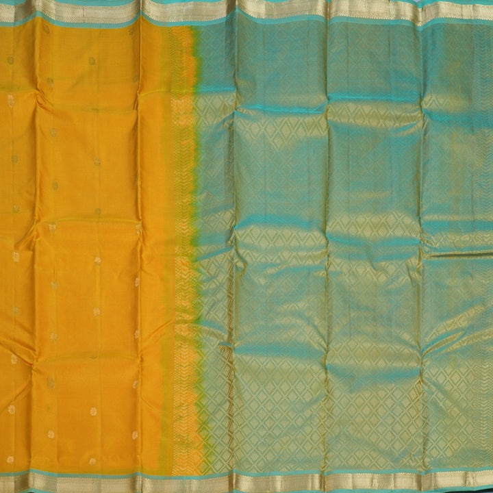Hayagrivas Handloom Mustard Yellow Kanjivaram Silk Saree with Mild Teal Border KBF582G2-5