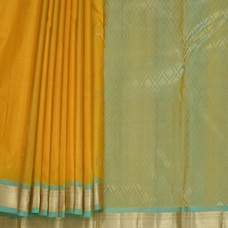 Hayagrivas Handloom Mustard Yellow Kanjivaram Silk Saree with Mild Teal Border KBF582G2-5