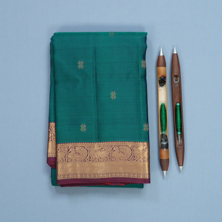 Hayagrivas Handloom Teal Green Kanjivaram Silk Saree with Burgundy Border KBF582G5-11