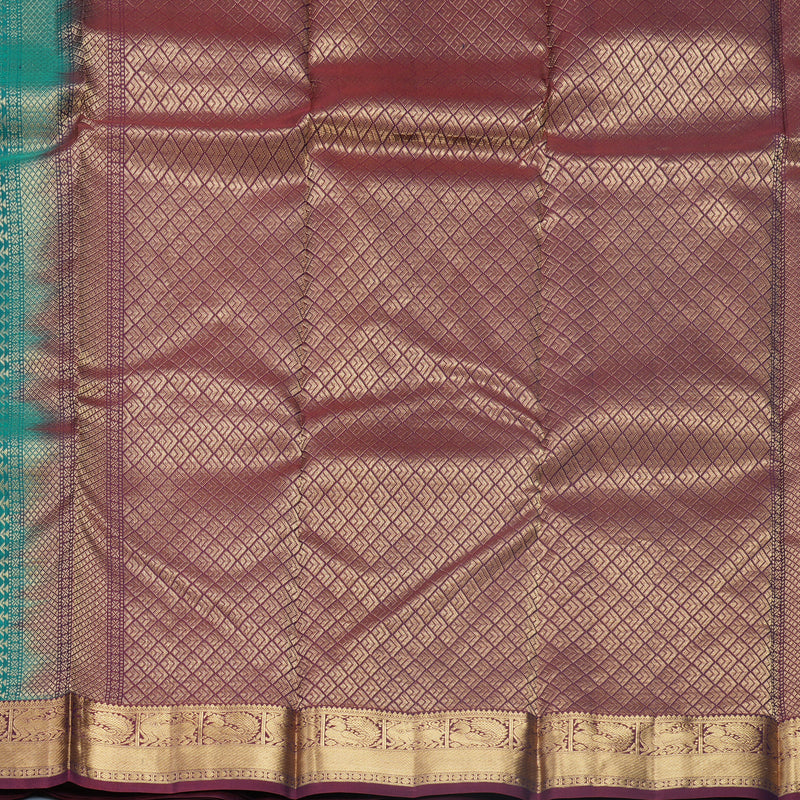 Hayagrivas Handloom Teal Green Kanjivaram Silk Saree with Burgundy Border KBF582G5-11