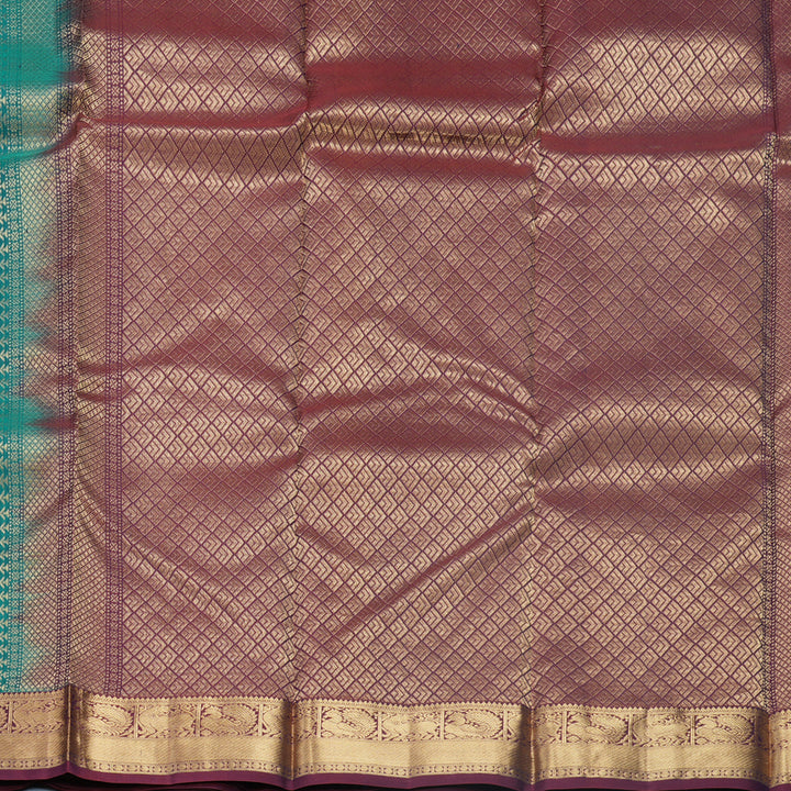 Hayagrivas Handloom Teal Green Kanjivaram Silk Saree with Burgundy Border KBF582G5-11