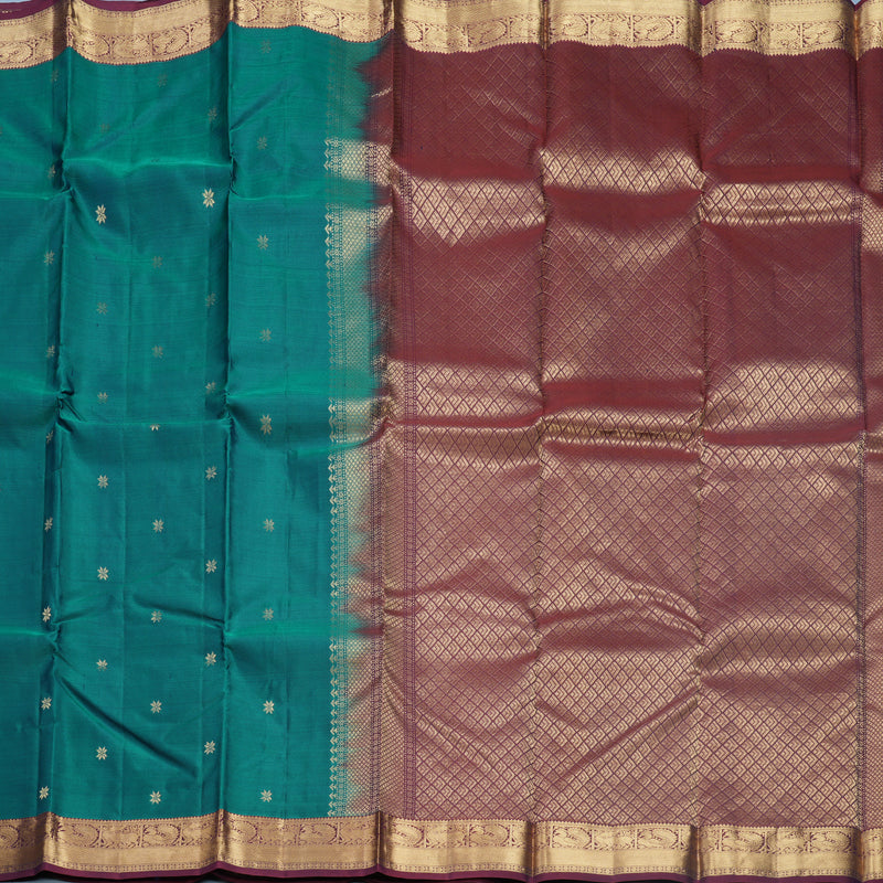 Hayagrivas Handloom Teal Green Kanjivaram Silk Saree with Burgundy Border KBF582G5-11