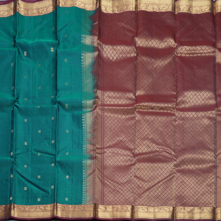 Hayagrivas Handloom Teal Green Kanjivaram Silk Saree with Burgundy Border KBF582G5-11