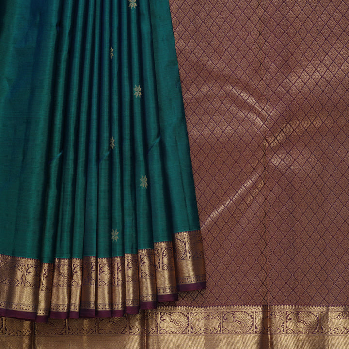 Hayagrivas Handloom Teal Green Kanjivaram Silk Saree with Burgundy Border KBF582G5-11