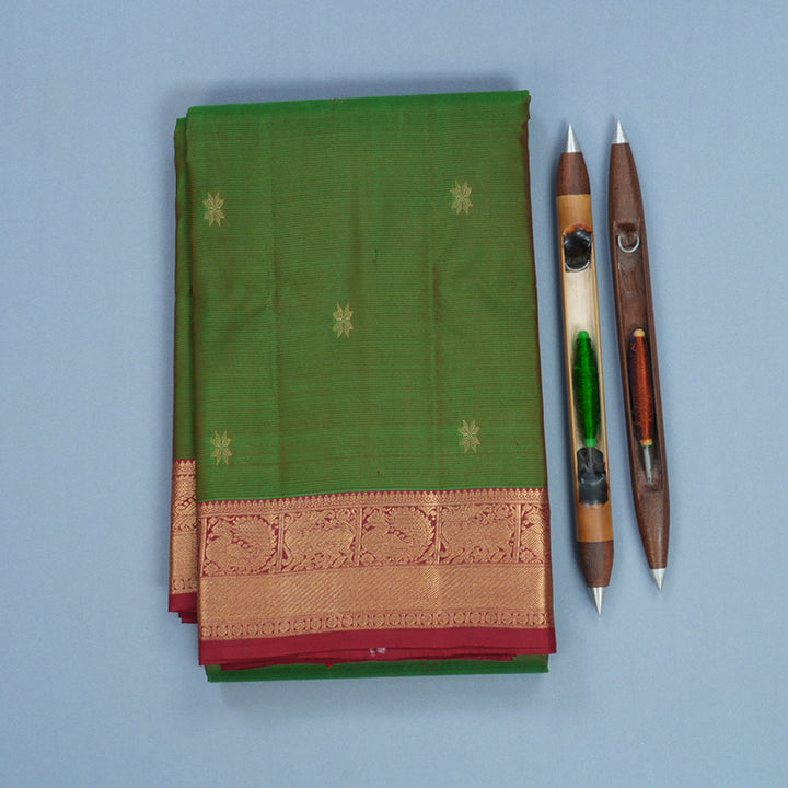 Hayagrivas Handloom Manthalir Green Kanjivaram Silk Saree with Maroon Border KBF582G5-9