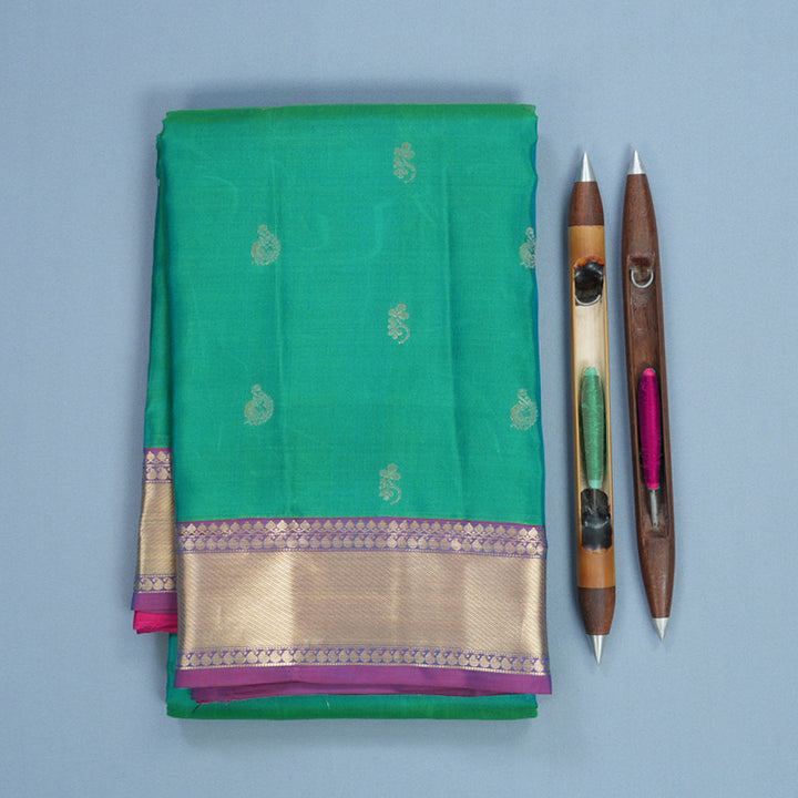 Hayagrivas Handloom Aqua Green Kanjivaram Silk Saree with Purple Border KBF582G6-1