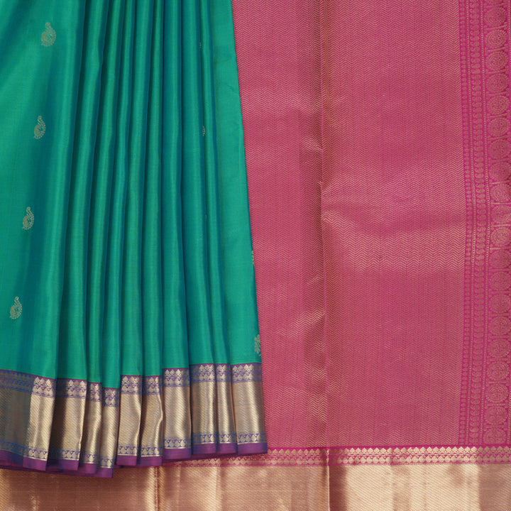 Hayagrivas Handloom Aqua Green Kanjivaram Silk Saree with Purple Border KBF582G6-1