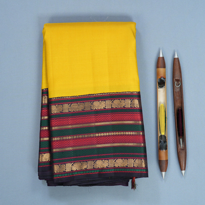 Hayagrivas Handloom Yellow Kanjivaram Silk Saree with Deep Wine Border KBF586G1-1