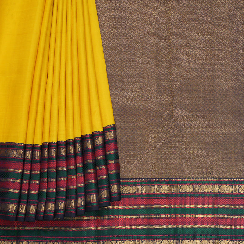 Hayagrivas Handloom Yellow Kanjivaram Silk Saree with Deep Wine Border KBF586G1-1