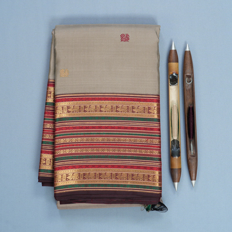 Hayagrivas Handloom Elephant Grey Kanjivaram Silk Saree with Dark Maroon Border KBF586G2-1