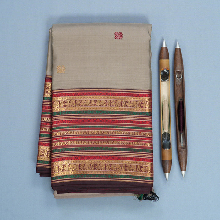 Hayagrivas Handloom Elephant Grey Kanjivaram Silk Saree with Dark Maroon Border KBF586G2-1
