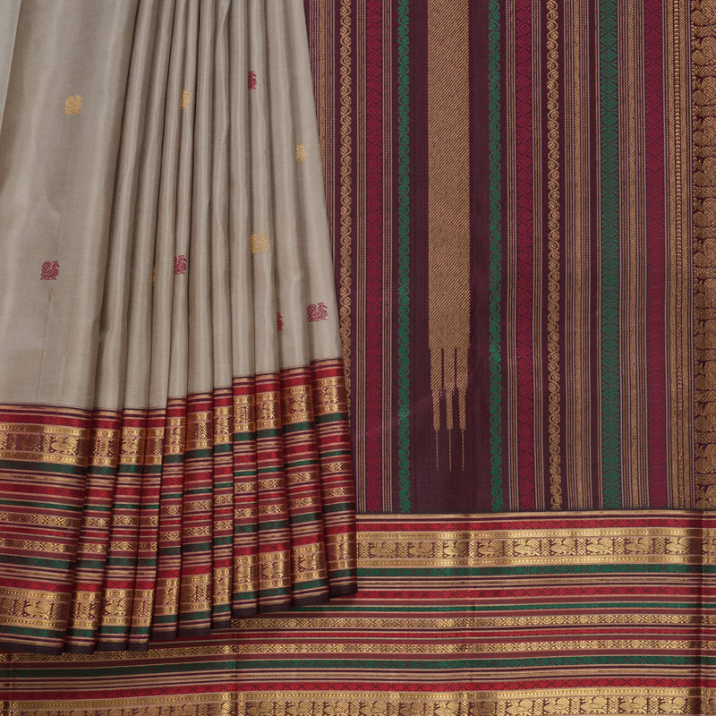 Hayagrivas Handloom Elephant Grey Kanjivaram Silk Saree with Dark Maroon Border KBF586G2-1