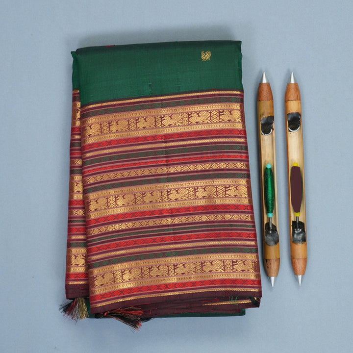 Hayagrivas Handloom Bottle Green Kanjivaram Silk Saree with Araku Maroon Border KBF586G3-1
